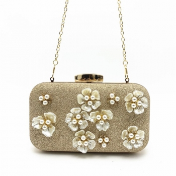 new 3 colors pearl flowers decorated stylish exquisite clutch bag with metal chain strap