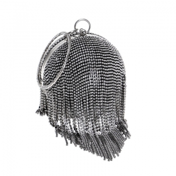 new stylish ornate ball-shaped white diamond black ball tassel metal evening bags(with removable chain)
