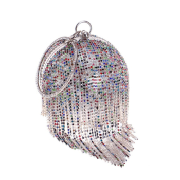 new stylish ornate ball-shaped multicolor diamond tassel metal evening bags(with removable chain)