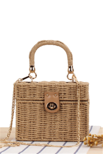 new two colors casual beach straw woven square handbag metal chain crossbag