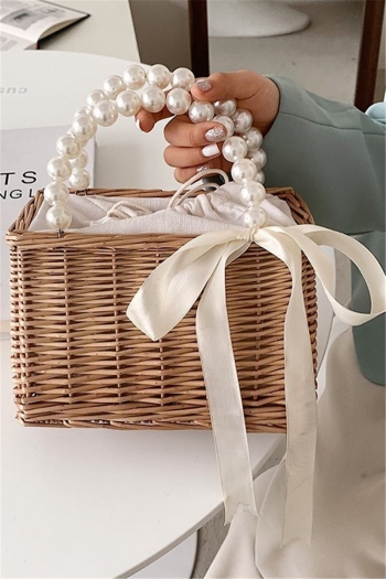 New square shape straw woven pearl handle lace bow-knot drawstring summer handbag
