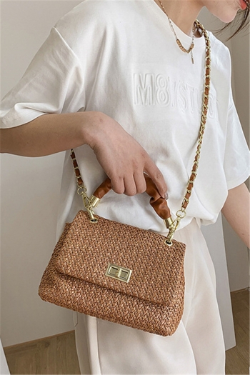 New three colors summer strap mix metal chain square shape lock straw woven bag