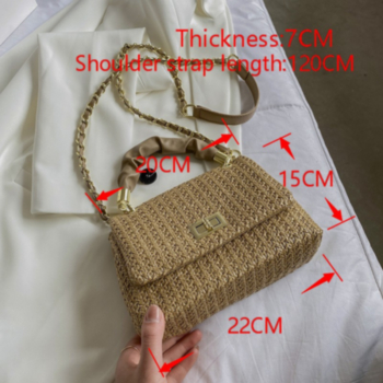 New dark khaki summer strap mix metal chain square shape lock straw woven bag