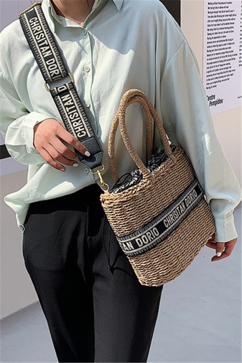 New straw woven square shape casual drawstring letter printing strap one shoulder bag handbag
