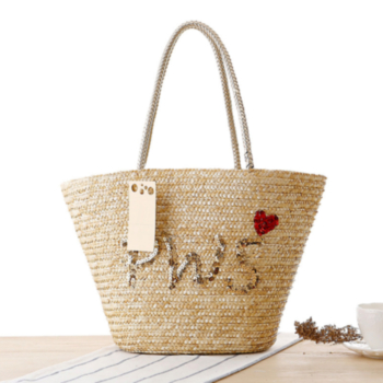 summer casual letter sequins drawstring beach straw bag