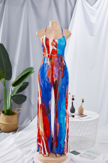 Summer multicolor batch printing sling backless lace-up plus size stretch wide-legs jumpsuit