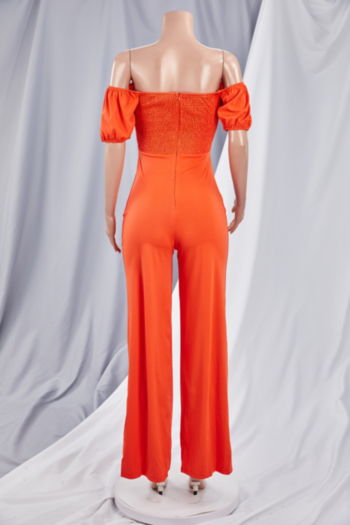 Plus size solid color stretch off-shoulder hollow lace-up zip-up back wide-leg stylish jumpsuit