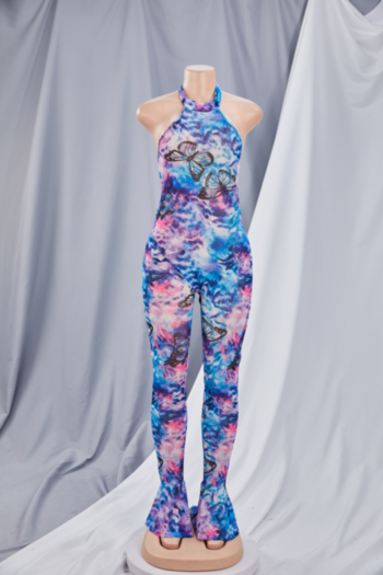 New batch printing micro see through mesh stretch halter-neck curvy sexy skinny flare jumpsuit