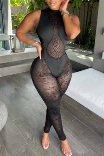 sexy stripe see-through back zip-up sleeveless micro-elastic jumpsuit
