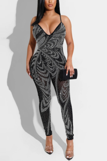 summer new style plus-size rhinestone printing mesh see-through stretch sling sexy jumpsuits