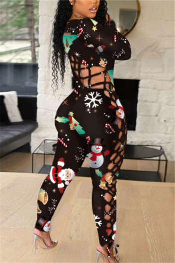 christmas autumn new stylish s-5xl plus size hollow  lace-up high elastic batch printing sexy jumpsuit