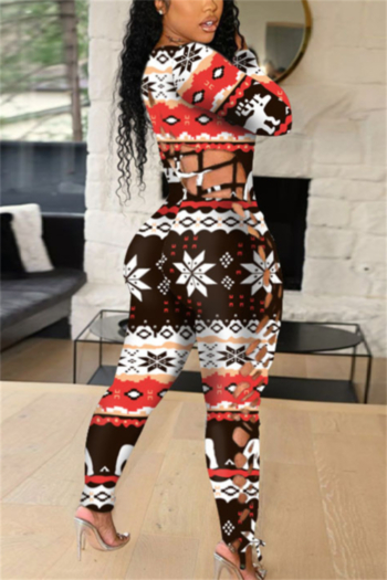 christmas autumn new s-5xl plus size hollow lace-up high elastic batch printing sexy jumpsuit