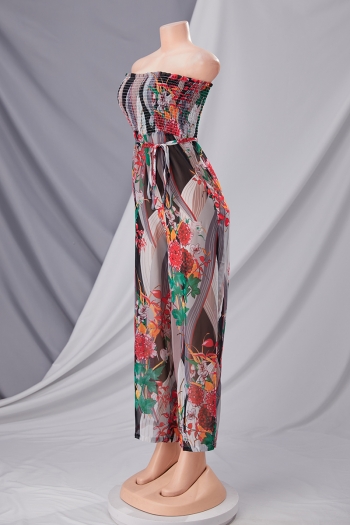 Summer new stylish batch printing strapless chiffon inelastic pleated plus size with belt loose casual jumpsuit