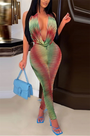 summer new stylish multicolor batch printing stretch halter neck v-neck 4 colors plus size backless sexy jumpsuit