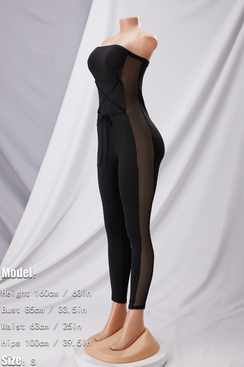 Summer new stylish simple mesh patchwork see-through lace-up stretch slim strapless sexy jumpsuit
