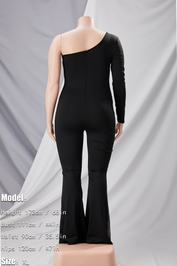 Spring new stylish simple mesh patchwork see-through rhinestone stretch one shoulder  zip-up plus size sexy jumpsuit