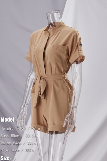 Summer new stylish solid color inelastic single-breasted pocket with belt short sleeves casual playsuit