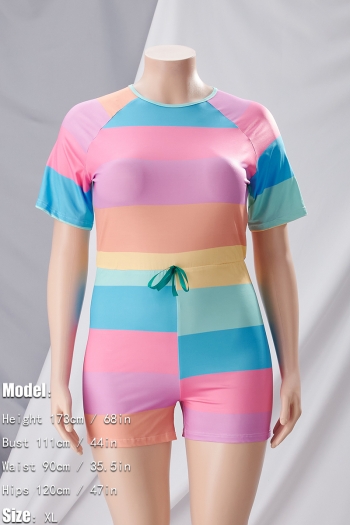 S-2XL summer new plus size multicolor stripe printing stretch tie-waist zip-up stylish casual playsuit