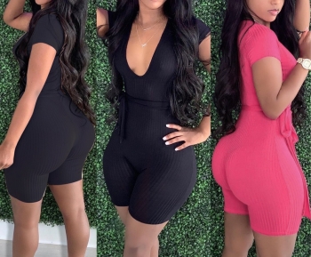Summer new stylish two colors solid color deep v-neck short sleeve stretch slim with belt sexy playsuit