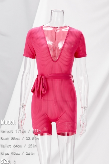 Summer new stylish two colors solid color deep v-neck short sleeve stretch slim with belt sexy playsuit