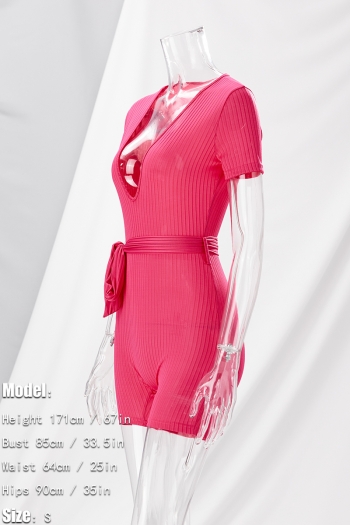 Summer new stylish two colors solid color deep v-neck short sleeve stretch slim with belt sexy playsuit