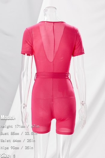 Summer new stylish two colors solid color deep v-neck short sleeve stretch slim with belt sexy playsuit
