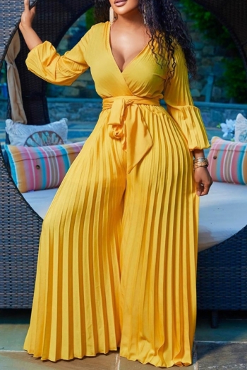 s-3xl autumn new plus size 4 colors solid color micro-elastic v-neck long sleeves wide-leg pleated stylish jumpsuit with belt
