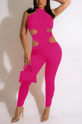 s-2xl plus size summer new 2 colors stretch solid color halter-neck hollow slim backless stylish sexy jumpsuit