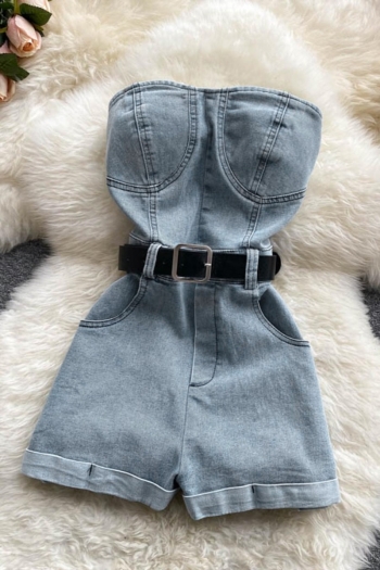 stylish solid color non-stretch tube design zip-up with belt denim playsuit