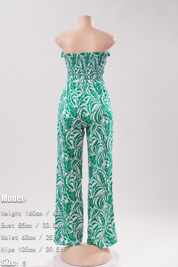 Casual plus size slight stretch 3 colors leaf batch printed tube belt jumpsuit 