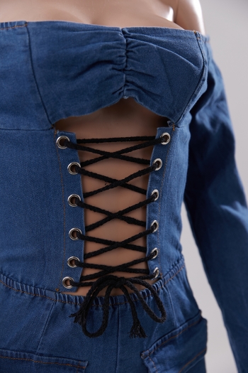 Sexy plus size slight stretch off-shoulder lace-up hollow zip-up denim jumpsuit