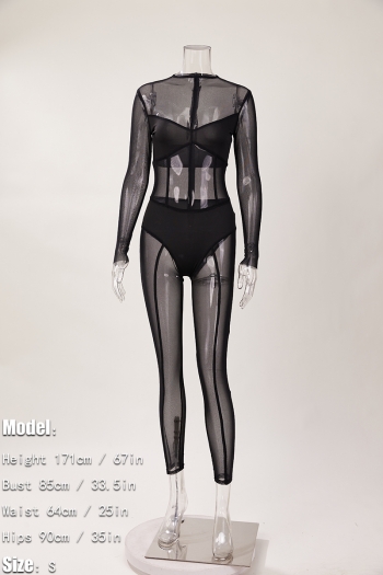 Sexy slight stretch solid color see-through mesh crew neck jumpsuit