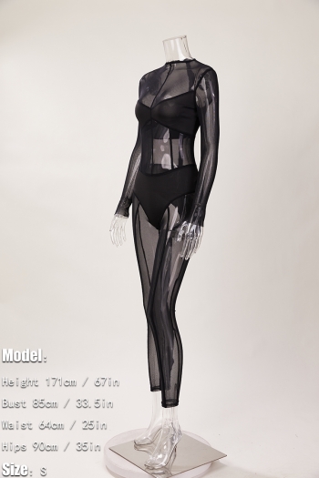 Sexy slight stretch solid color see-through mesh crew neck jumpsuit