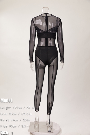 Sexy slight stretch solid color see-through mesh crew neck jumpsuit