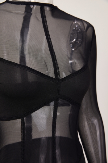 Sexy slight stretch solid color see-through mesh crew neck jumpsuit
