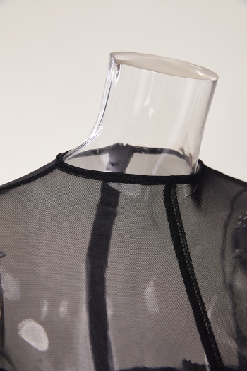 Sexy slight stretch solid color see-through mesh crew neck jumpsuit