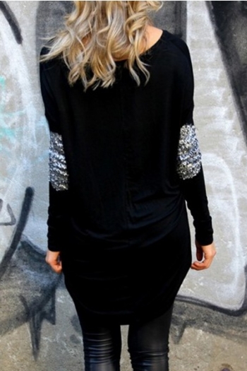 High Low Sequins Patched Long Sleeve T-shirt