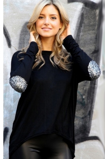 High Low Sequins Patched Long Sleeve T-shirt