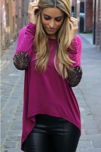 High Low Sequins Patched Long Sleeve T-shirt