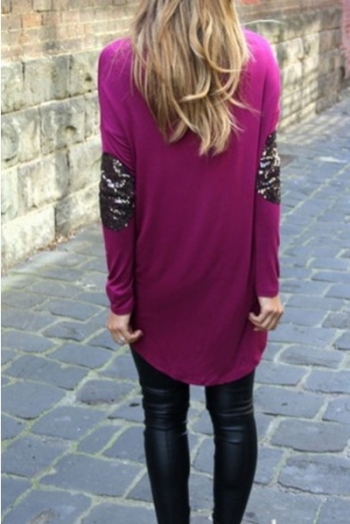 High Low Sequins Patched Long Sleeve T-shirt