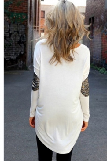 High Low Sequins Patched Long Sleeve T-shirt
