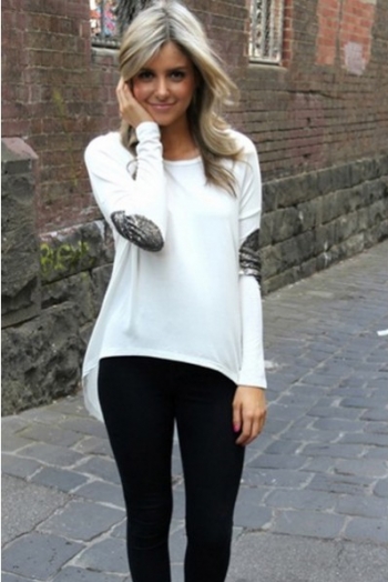 High Low Sequins Patched Long Sleeve T-shirt