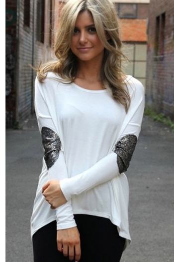 High Low Sequins Patched Long Sleeve T-shirt