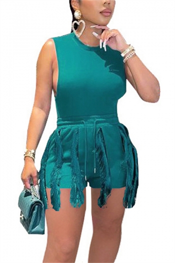 s-5xl summer new plus size 13 colors solid color stretch bodysuit with tassel decor tie-waist shorts stylish street style two-piece set