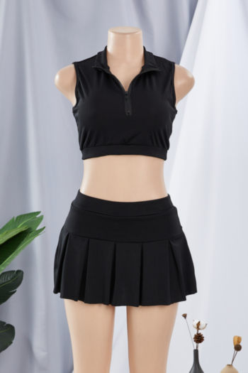 Summer solid color zip-up new stylish short vest with pleated culotte stretch two-piece set