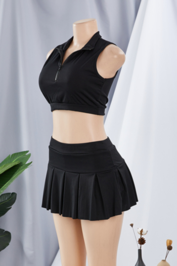 Summer solid color zip-up new stylish short vest with pleated culotte stretch two-piece set