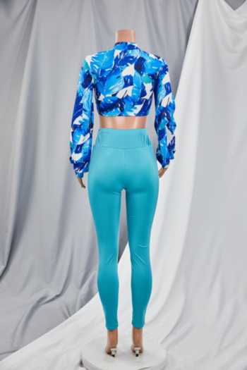 Autumn new stylish leaf batch printing top with tight pants micro elastic lace-up two-piece set