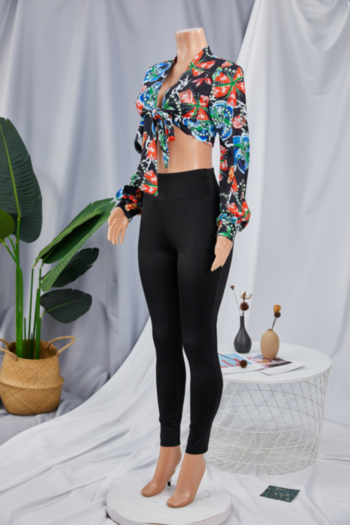 Autumn flowers batch printing top with black tight pants micro elastic lace-up two-piece set