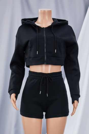 Autumn new solid color micro-elastic hooded zip-up stylish sweatshirt with tie-waist shorts stylish two-piece set