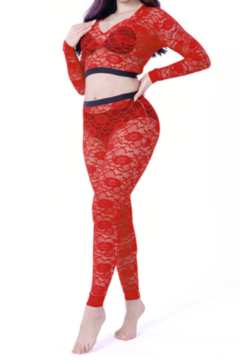 Early autumn plus size lace see through no lining v-neck stretch tight sexy two-piece set